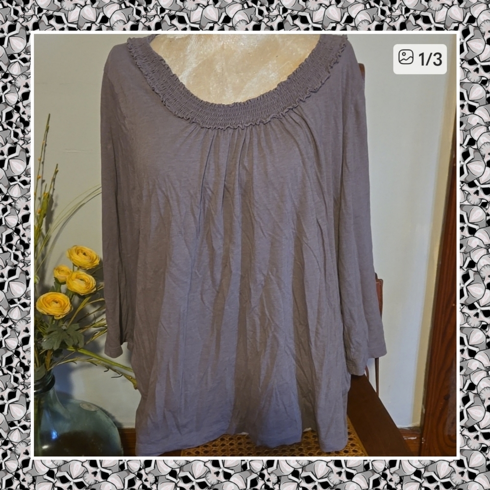 Talbots Gray Smocked-Neck Peasant Top